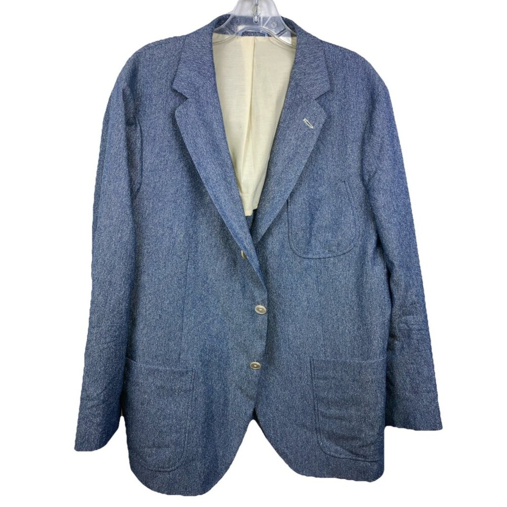 54 44 Mens Gant Rugger New Haven 3 Button Blue Chambray Blazer Sport Coat Silk